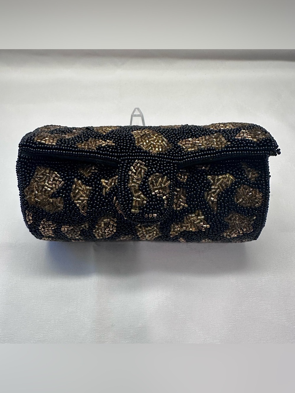 Vintage 80s Black Gold Beaded Animal Print Cylinder Roll Clutch Barrel Purse